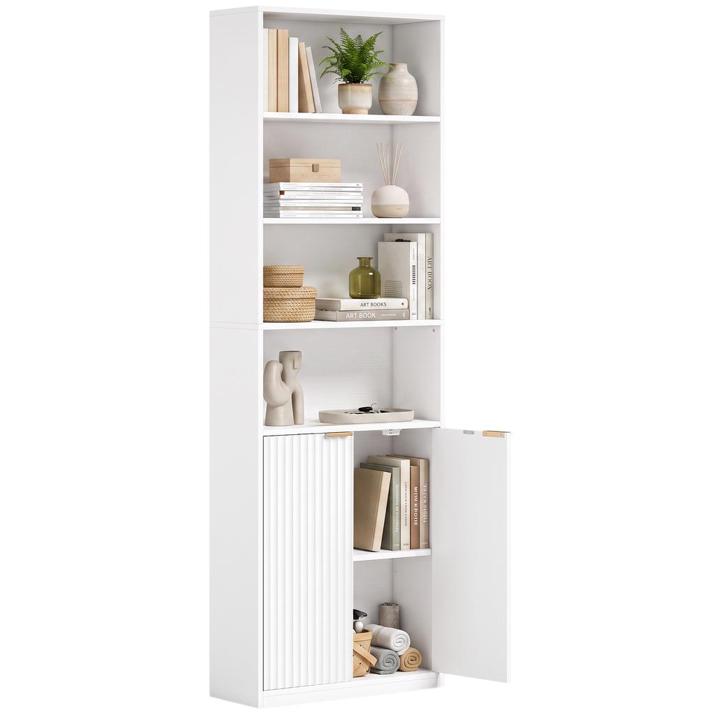 Bookshelf, 6-Tier, 60 x 24 x 182 cm, 4 Open Compartments, 2 Doors, White
