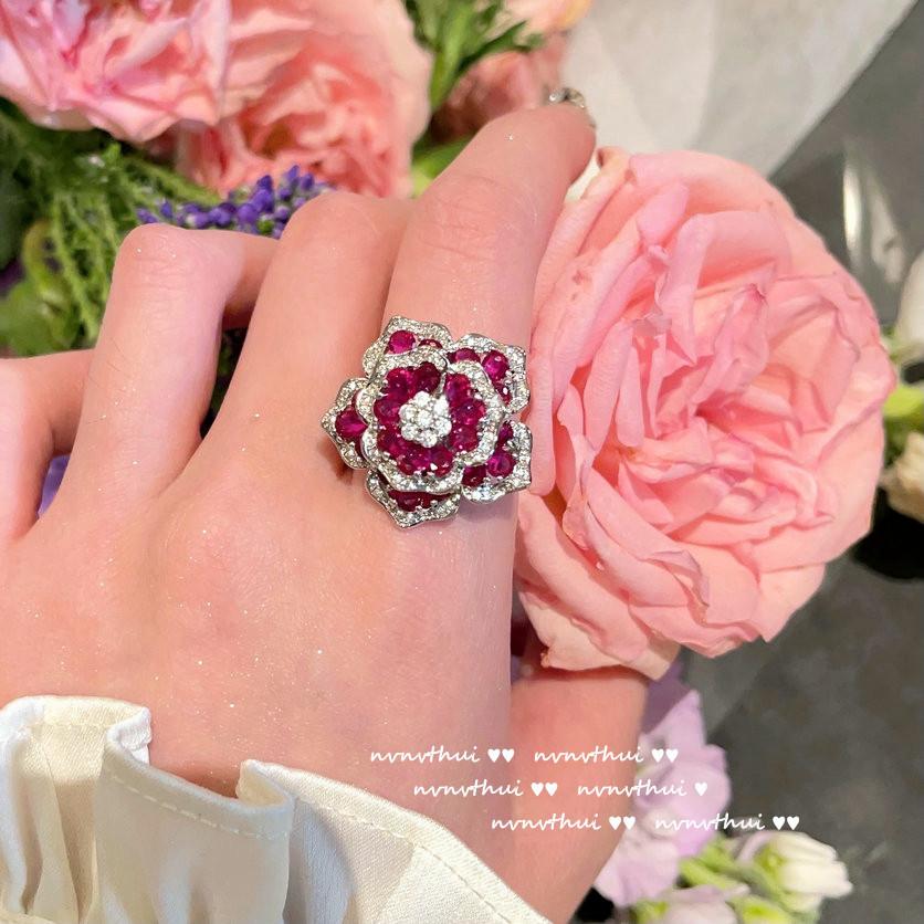 Papalacha Flower Gemstone Earrings, Margaret, Plated With 18K Gold, Rouge Pink Rose Zircon Ring.