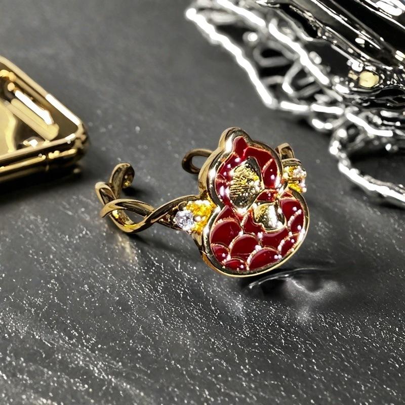 French Retro Elegant Red Oil Drop Gourd Open Ring Niche Light Luxury High-End Zircon Ring Adjustable opening