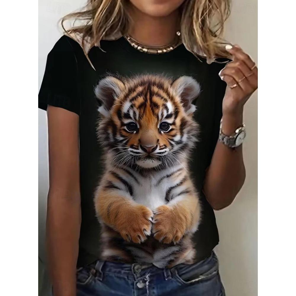 Fashion Women Retro Creative Tiger Pattern Print T Shirt Funny Casual O-neck Short Sleeves T-shirt Summer Female Tee Shirt