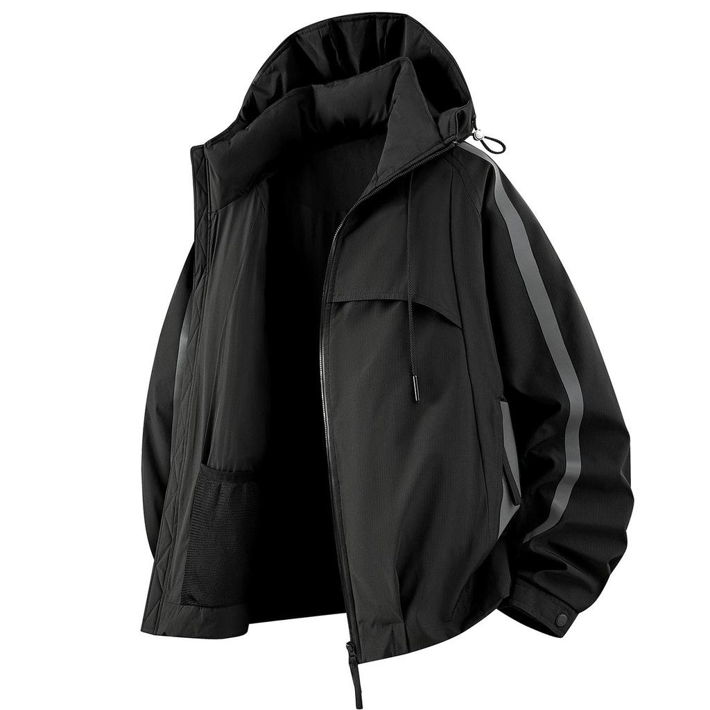 Men's Hooded Down Jacket with Stripes - Winter Casual Outerwear for Cold Protection and Mountaineering