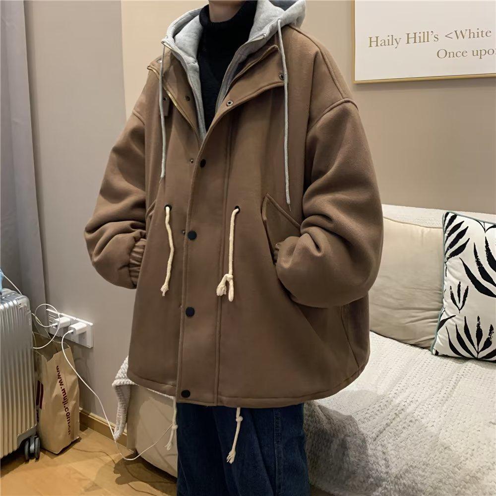 Men's Hong Kong Style Hooded Woolen Overcoat - Thickened Mid-Length Two-Piece Trendy Winter Jacket
