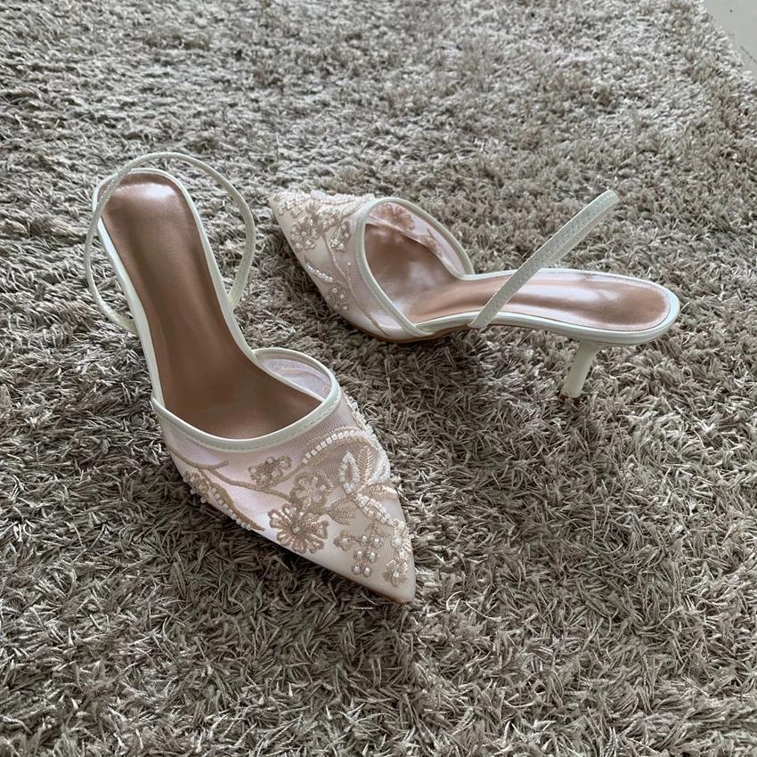 Fashion Mesh Embroidered Thin High Heels Sandals Women 2025 Summer Sexy Slingback Pointed Toe Pumps Dress Shoes Woman Sandalias