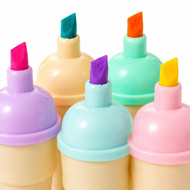 Cone-Shaped Fluorescent Pen Set - 6 Colors, Cute Cartoon Ice Cream Design, Portable Mini Pens for Students and Planners.