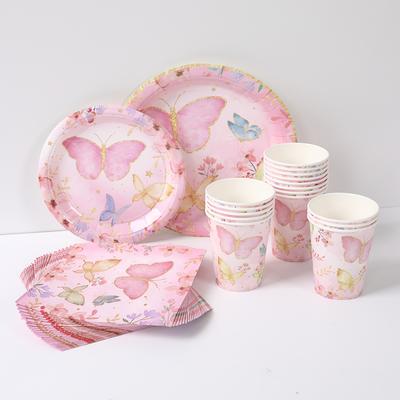 Vaisselle Papillon Fête d'Anniversaire Filles Assiettes en Carton Serviettes Gobelets Décorations Ballons Papillon Fée Thème Fête Fournitures
