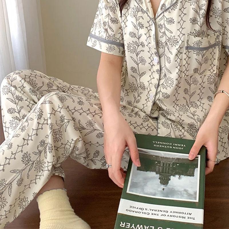 Spring/Summer Retro Floral Print Pajama Pants - Women's Korean Style, Suitable for Casual Wear, Loose Fit, Ideal for Spring and Autumn.