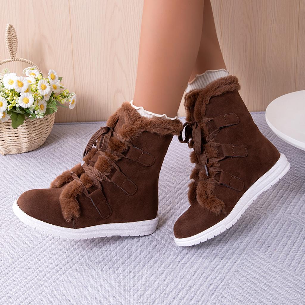 Fashion Women Shoes Winter New Plush Waterproof Anti-Slip Women Snow Boots Thermal Insulation Lace Up Outdoor Mid Calf Boots for Women