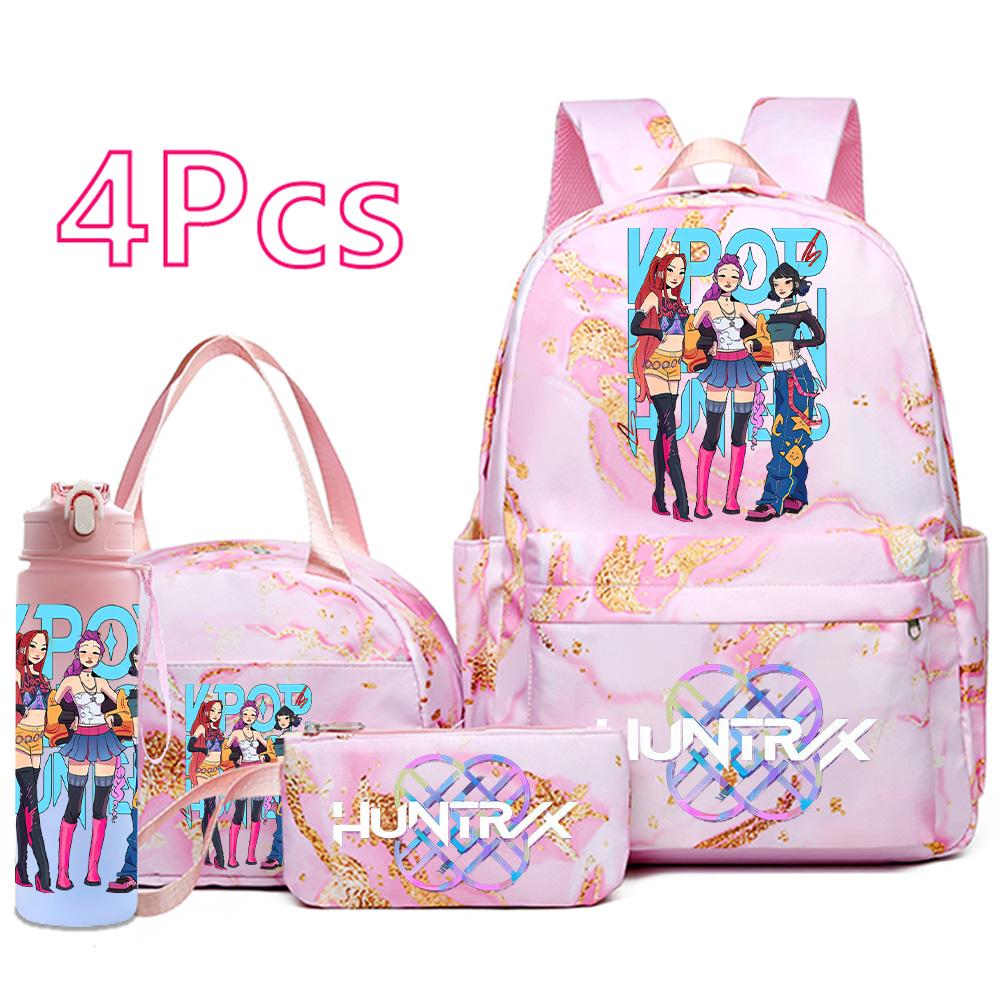 4Pcs/set Cartoon K-Pop Printed Backpack Handbag Pencil Case with 750Ml Water Bottler for Teenager Boy Girl Schoolbag Large Capacity Bookbag Mochila