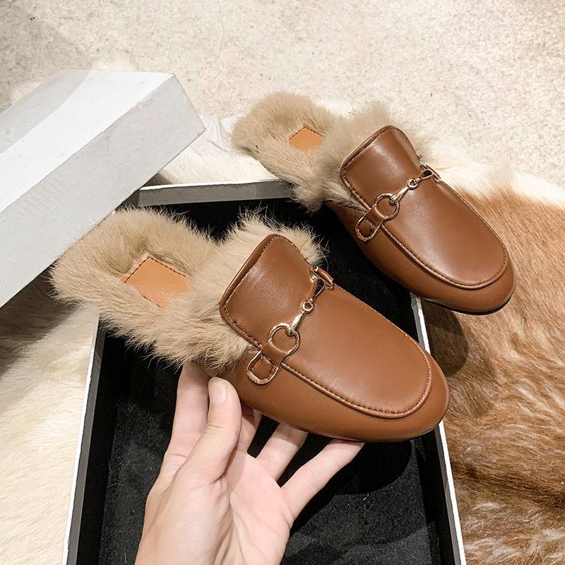 Autumn/Winter 2025 Women's Fuzzy Mule Slippers with Chunky Heels and Round-Toe Design