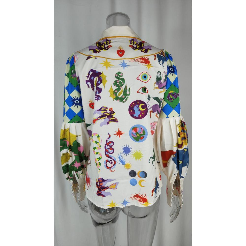 Women's Loose Graffiti Print Turn-Down Collar Lantern Long Sleeve Spring Cardigan Shirt