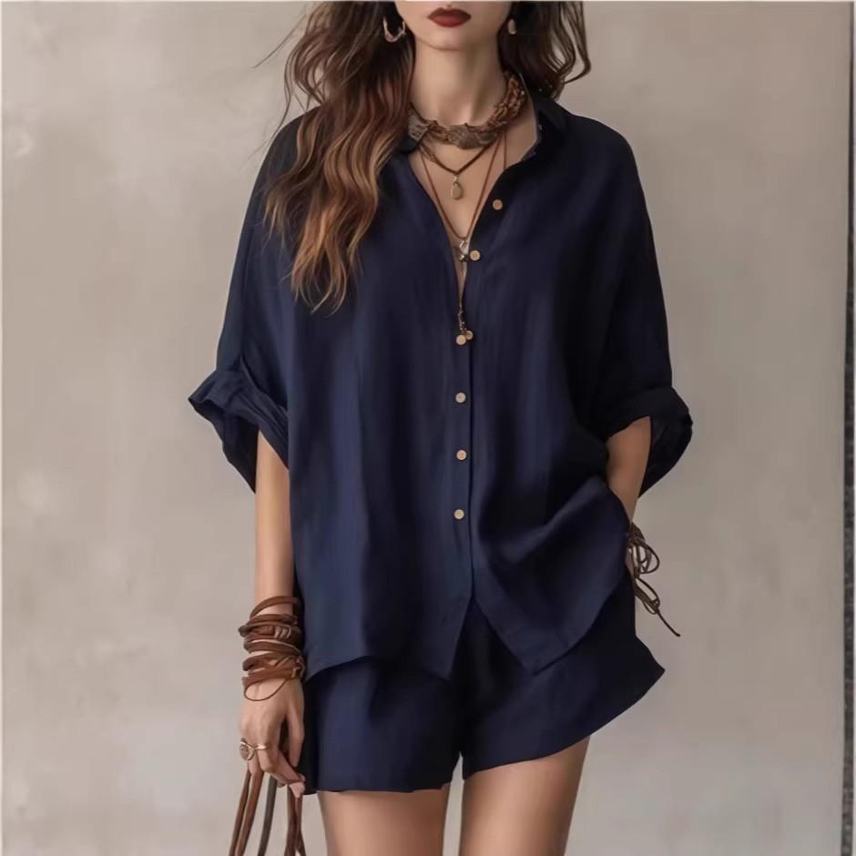 Oversized Button-Up Shirt and Shorts Set