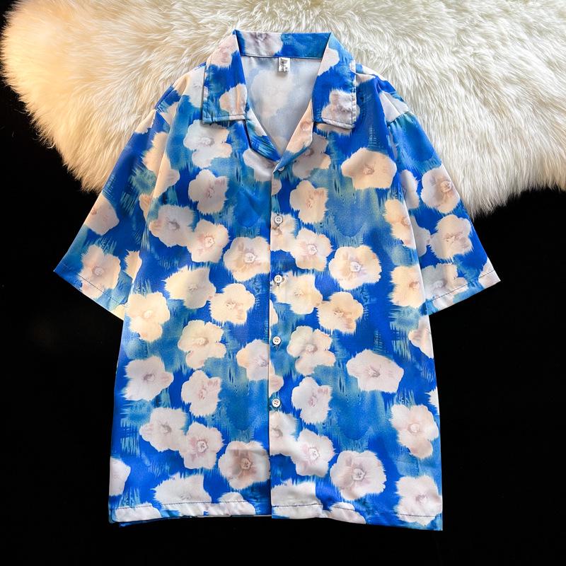 Unisex Vintage Kubakrage Blomsterskjorte - Løs passform, Hong Kong-stil, Kort erm, Perfekt for strand og par