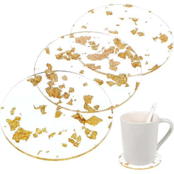 3 Pcs Gold Foil Acrylic Cup Coasters, Foil Modern Cup Drink Mat Clear Acrylic Bar Coaster Round Foils Drink Coaster Gold Placemats for Table