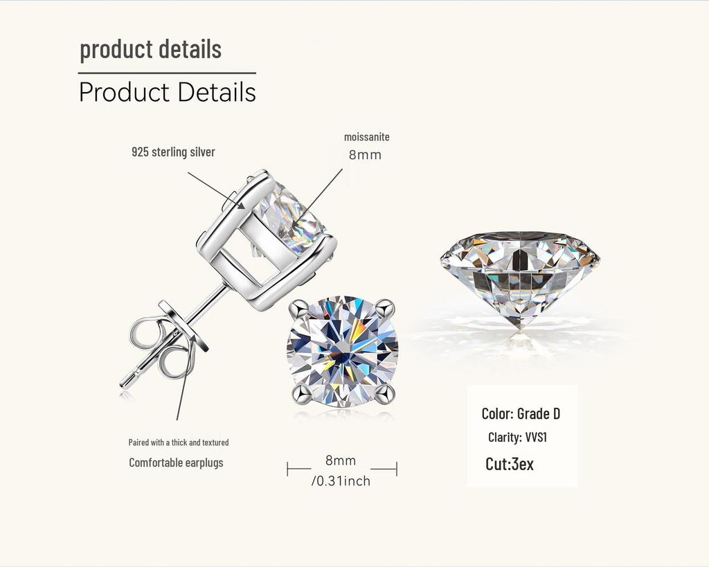 Klassische Moissanit Ohrstecker mit vier Krappenfassungen aus S925 Sterlingsilber für Damen - Elegantes Design