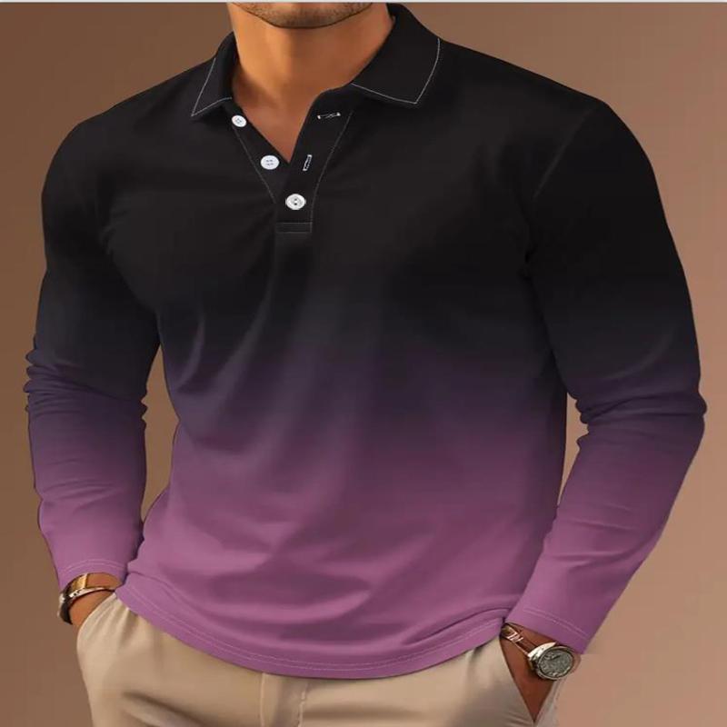 New Digital Printed Men's Autumn Long Sleeved Color Blocked Sports Casual Fashion Polo Collar Gradient Men's Top