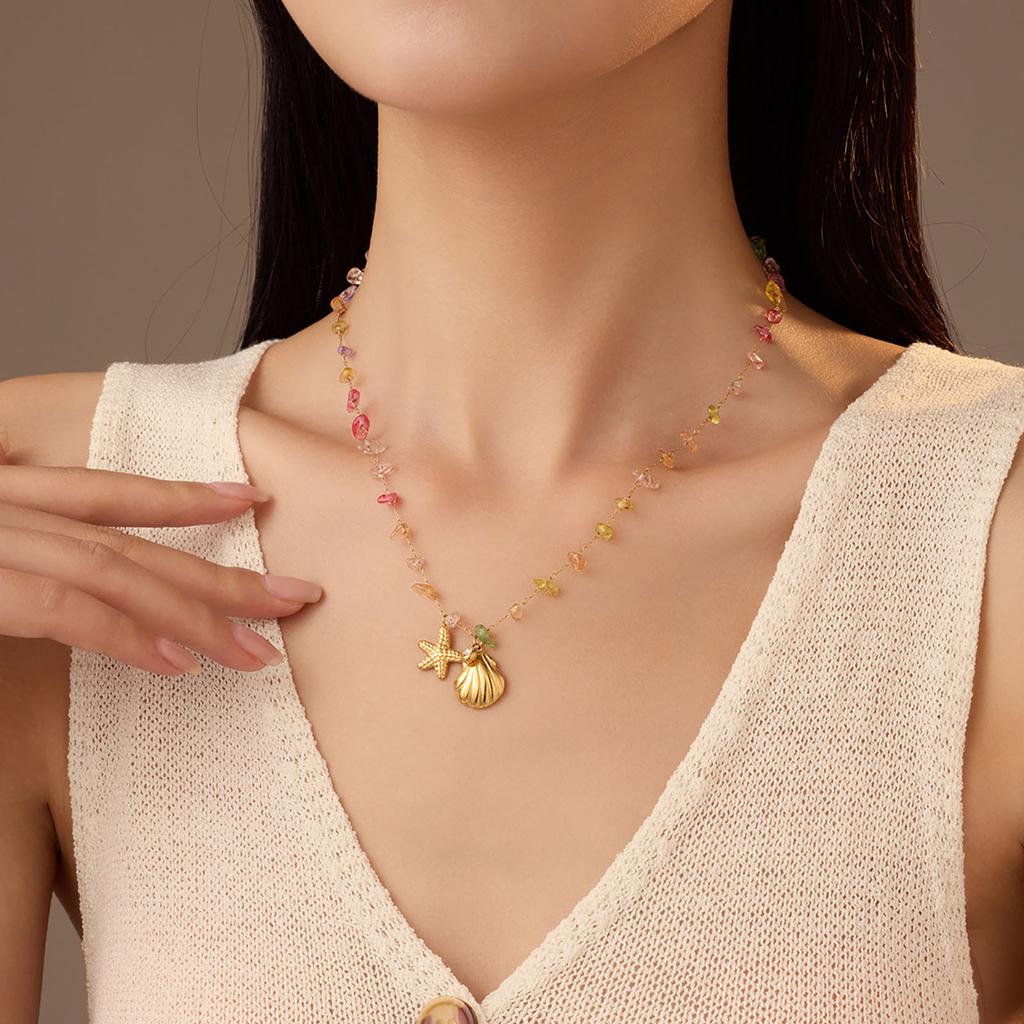 Elegant Gold Plated Stainless Steel Necklace Anklet Bracelet Set with Colored Crushed Stone and Starfish Rhinestone
