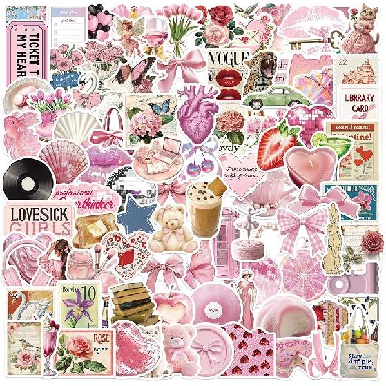 60 szt. Naklejki Coquette Urocze Winylowe Naklejki na Laptop, Wodoodporne Estetyczne Naklejki, Różowy Zestaw Naklejek dla Dziewczyn Butelki na Wodę Laptop Komputer Telefon