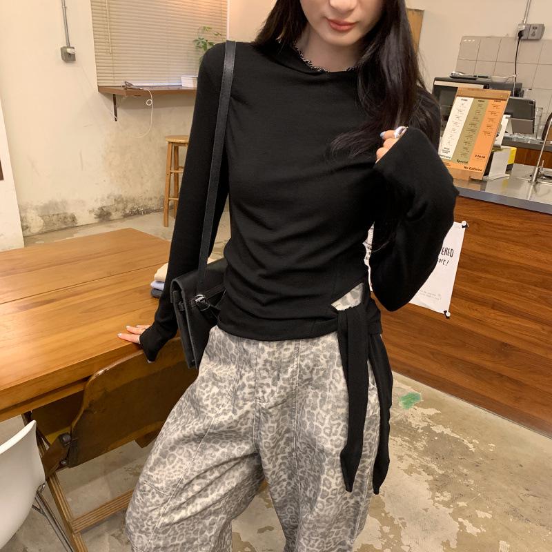

Korean Chic Tie-Up Hooded Long-Sleeve T-Shirt - Autumn/Winter 2026 New Style Large чёрный
