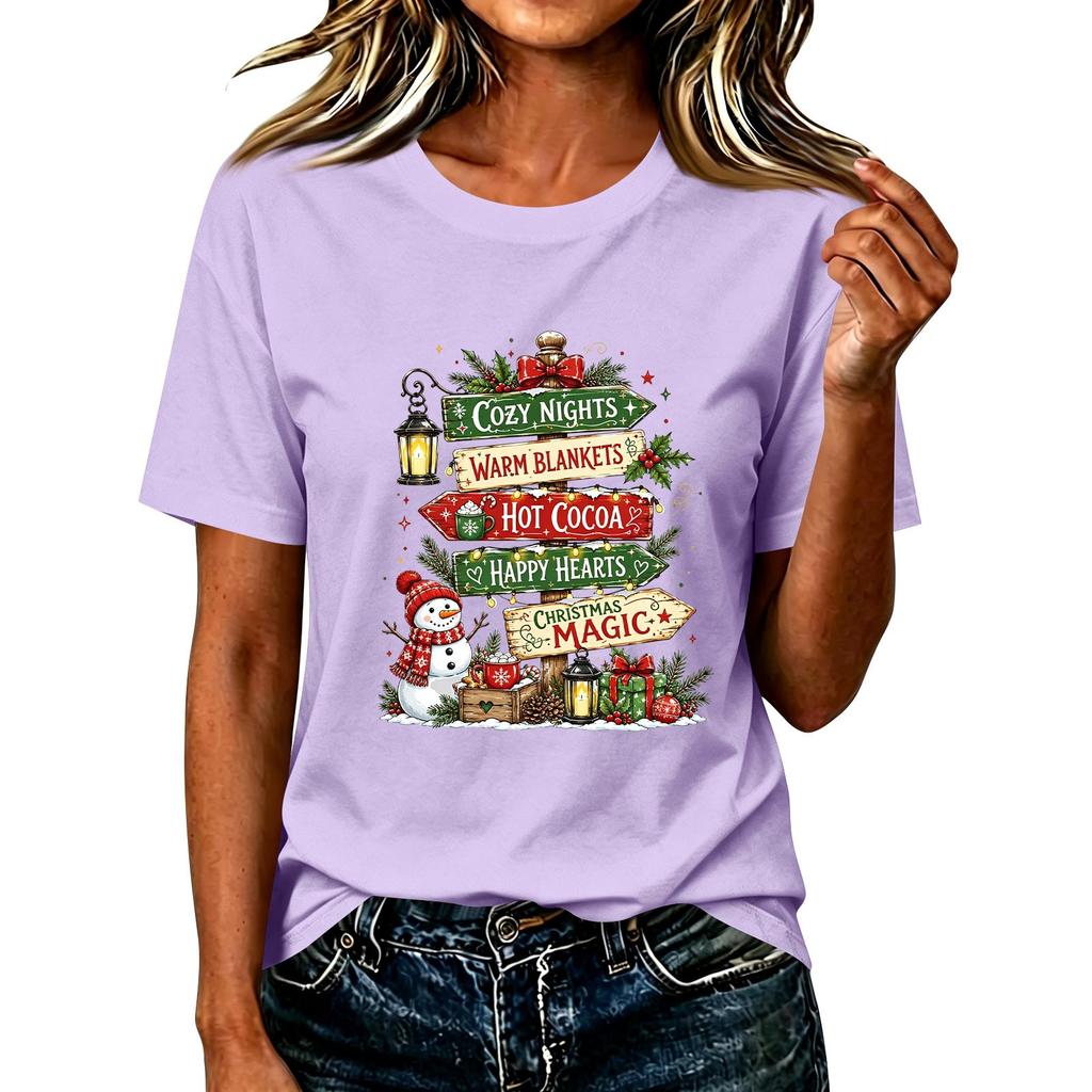 T-shirt da donna a maniche corte con stampa natalizia, top casual per le feste
