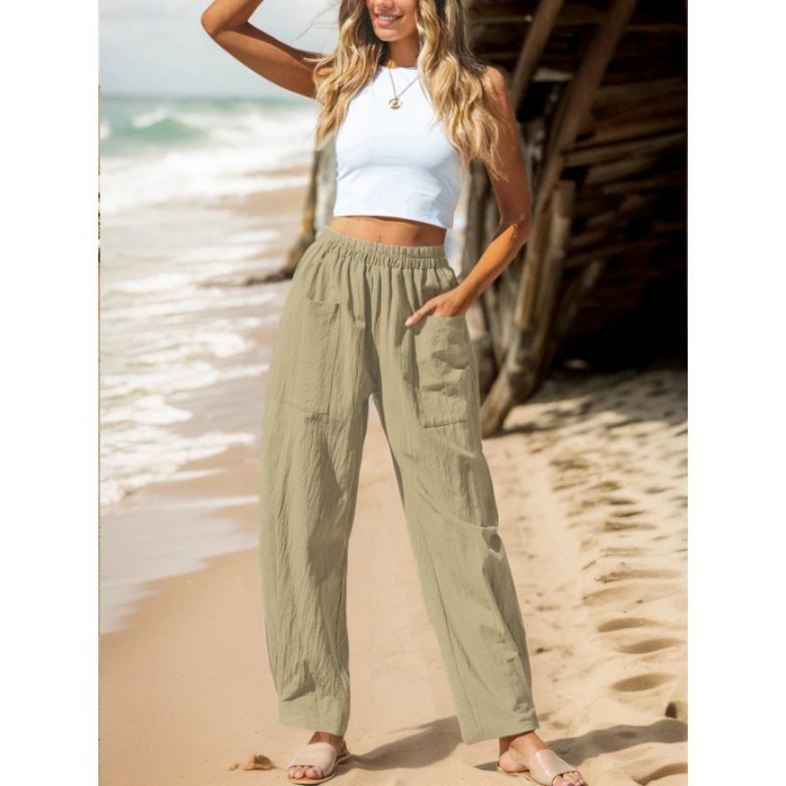 Women's Fashion Casual Solid Color Print High Waist Trousers Pants & Capris