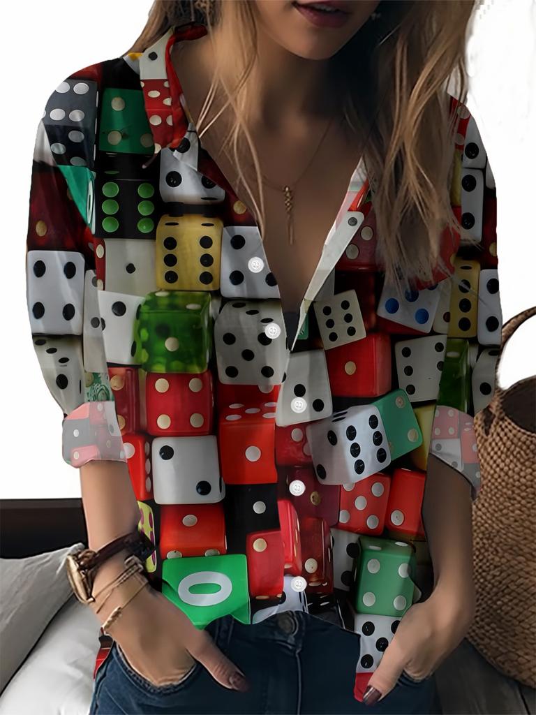 Colorful Cartoon Element Printed Lapel Shirt Women's Loose Casual and Comfortable Single-breasted Commuter Top