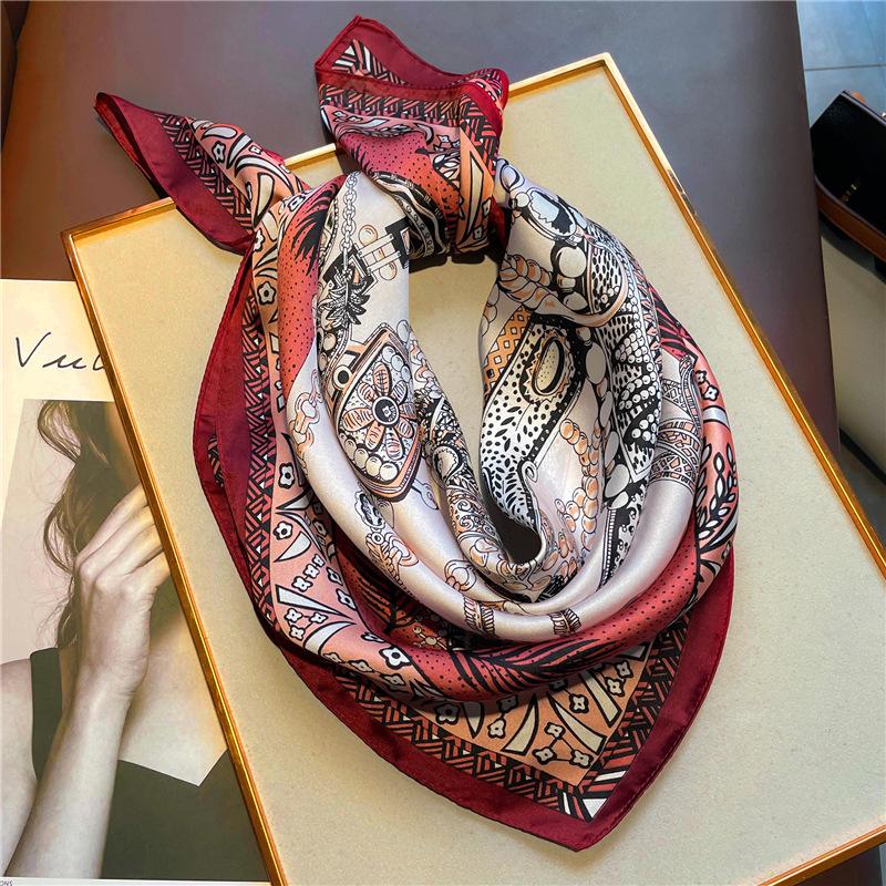 Ethnic style silk scarf portrait personalized square scarf 71cm yarn scarf sunscreen scarf simulation silk bow tie