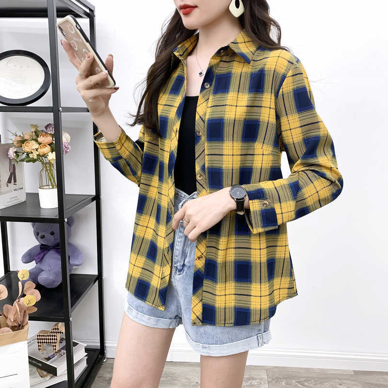 Women's Loose Standing Collar Plaid Shirt Casual Long Sleeve Shirt