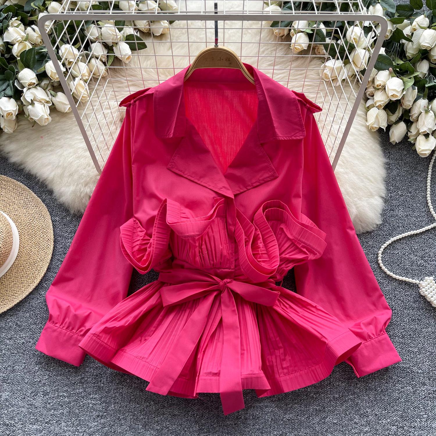 

Light Luxury Daughter Style High-end Suit Collar Shirt Women s Autumn Lotus Leaf Edge Strap Waist Design Jacket One size рожевий червоний колір