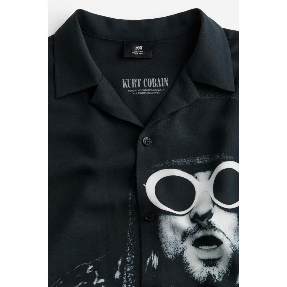 H M Relaxed Fit Printed caMp sHirt Black Kurt Cobain