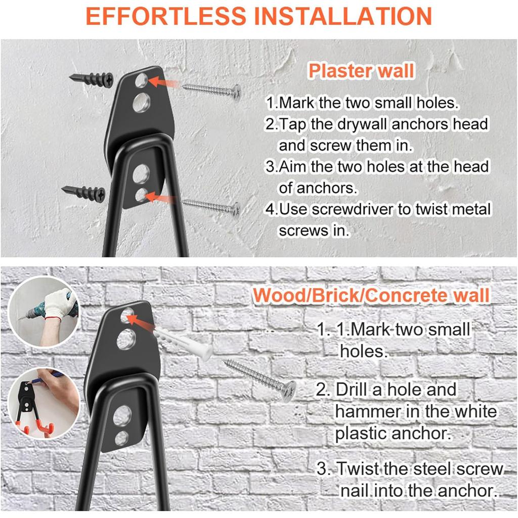 4/12 Heavy-Duty Metal Hooks for Wall Mounting, Garage Storage Hooks, Bicycle Hooks, Wall-Mounted Non-Slip Storage Hooks, Garden Storage Tools