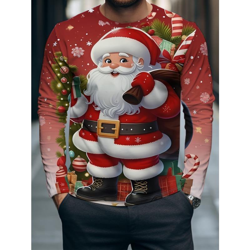 Christmas-Themed Long-Sleeve T-Shirt for Men Made of Comfortable And Breathable Fiber, Featuring a Quirky Santa Claus Print Design