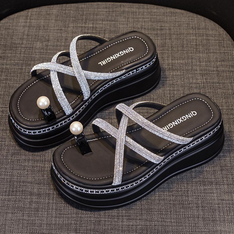 Fashion 7.5CM Synthetic Rhinestone Slippers Luxury Sandals Elegance Leisure Fashion New Summer Women Bling Platform Wedge Flats Shoes