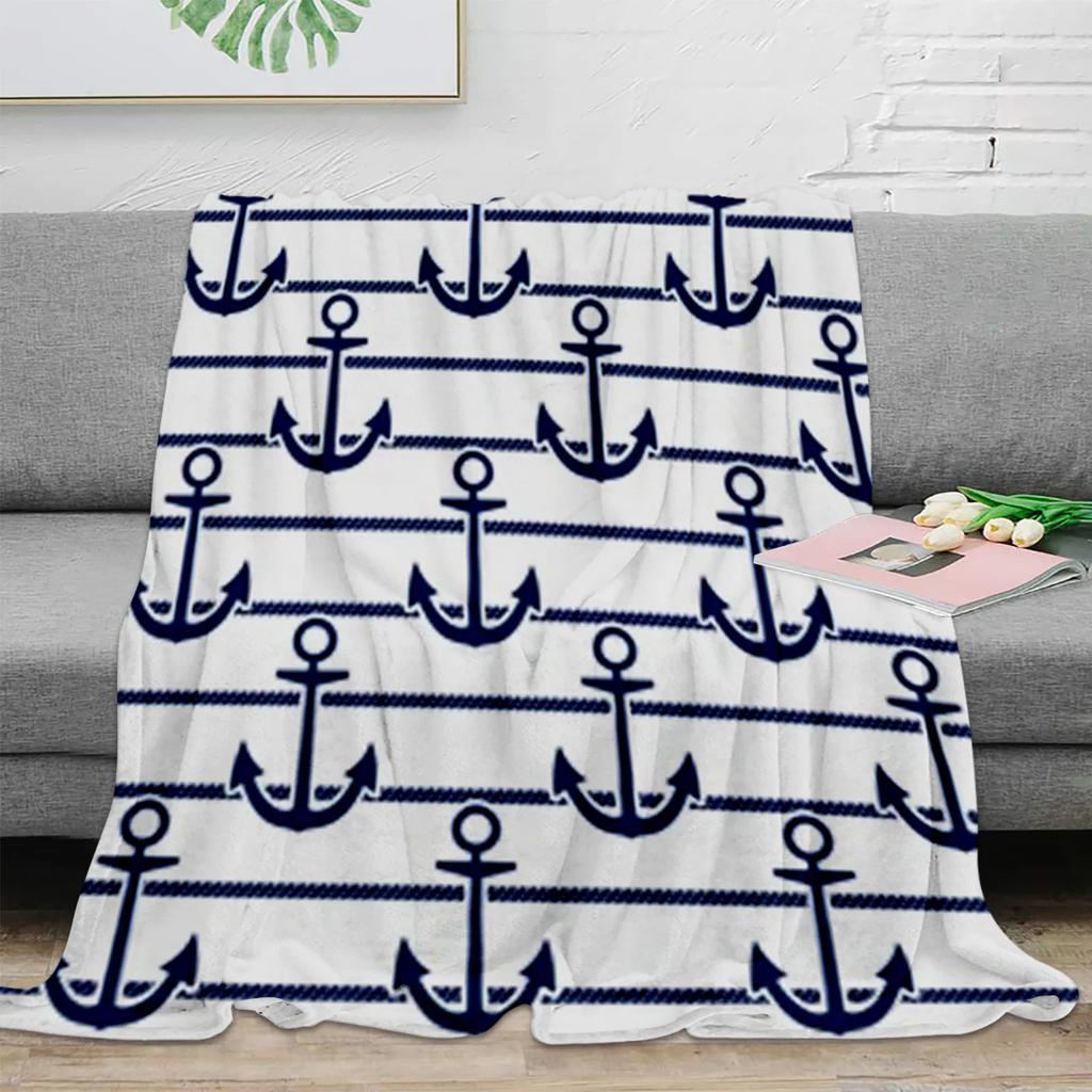 Nautical Blue Anchor Rudder Boat Fish Lighthouse Flannel Blanket Travel Picnic Blanket Portable Soft Bedspread Blankets for Beds