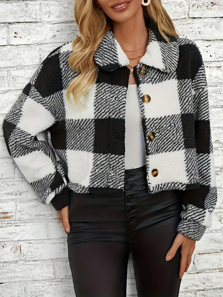 Plaid Pattern Button Front Teddy Coat All-match Long-sleeved Winter Warm Jacket Women's Clothing