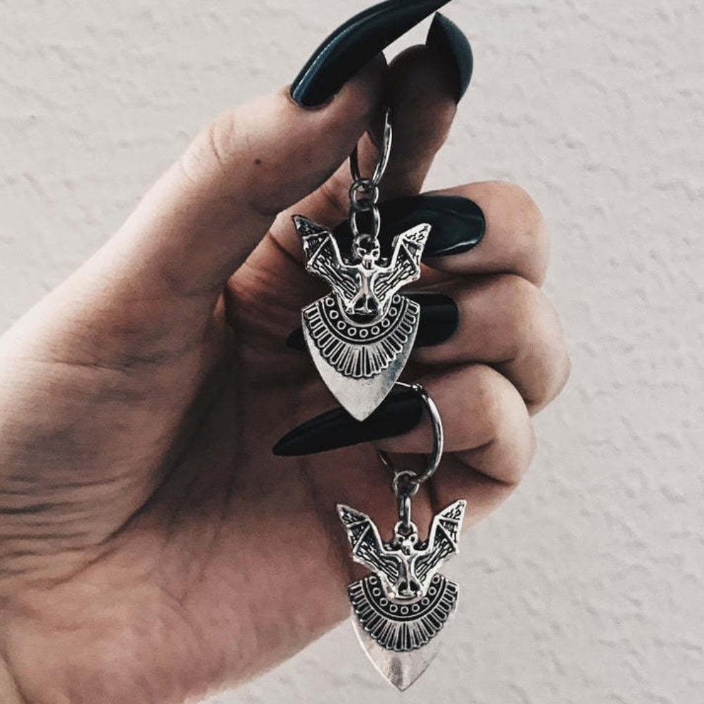 Gothic Ancient Silver Vampire Bat Triangular Shield Pendant Hoop Earrings for Women Hallowmas Party Witchcraft Jewelry Accessory