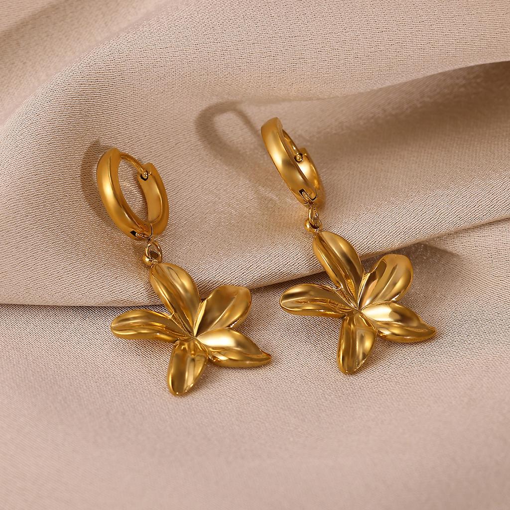 Lily Flower Pendant Hoop Earrings For Women Elegant Gold Color Geometry Heart Stainless Steel Hanging Earring Jewelry Party Gift