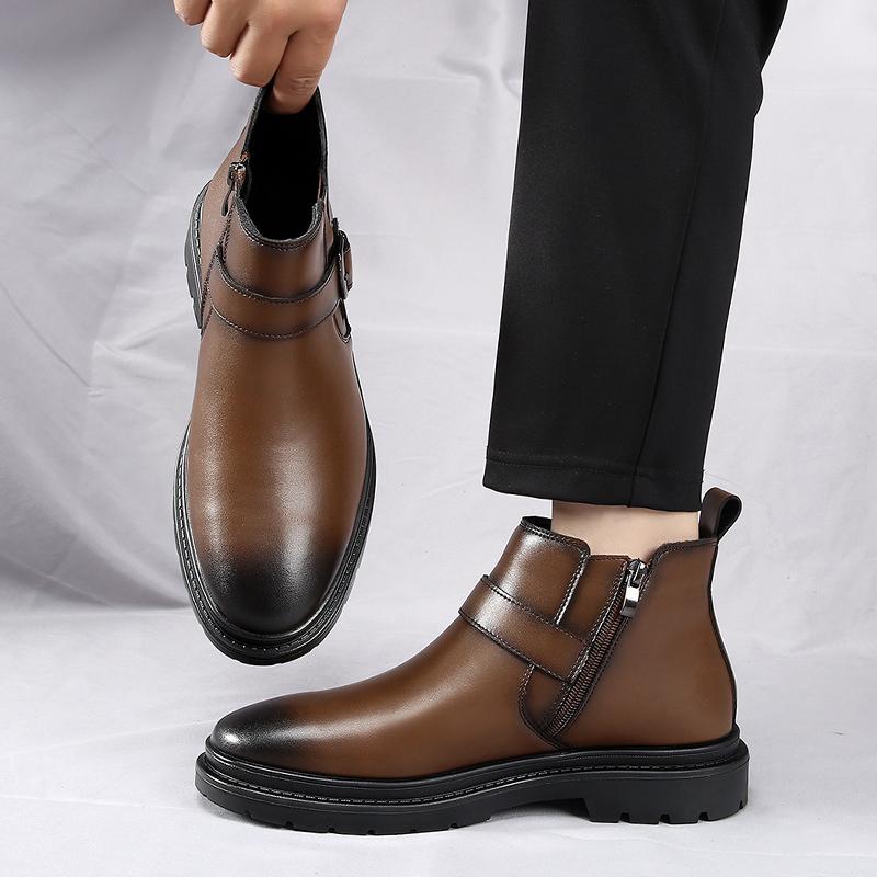 New Winter Boots New Luxury Brand Men Motorcycle Boots High Top All-match Leather Shoes Side Zipper  Men Business Ankle Boots