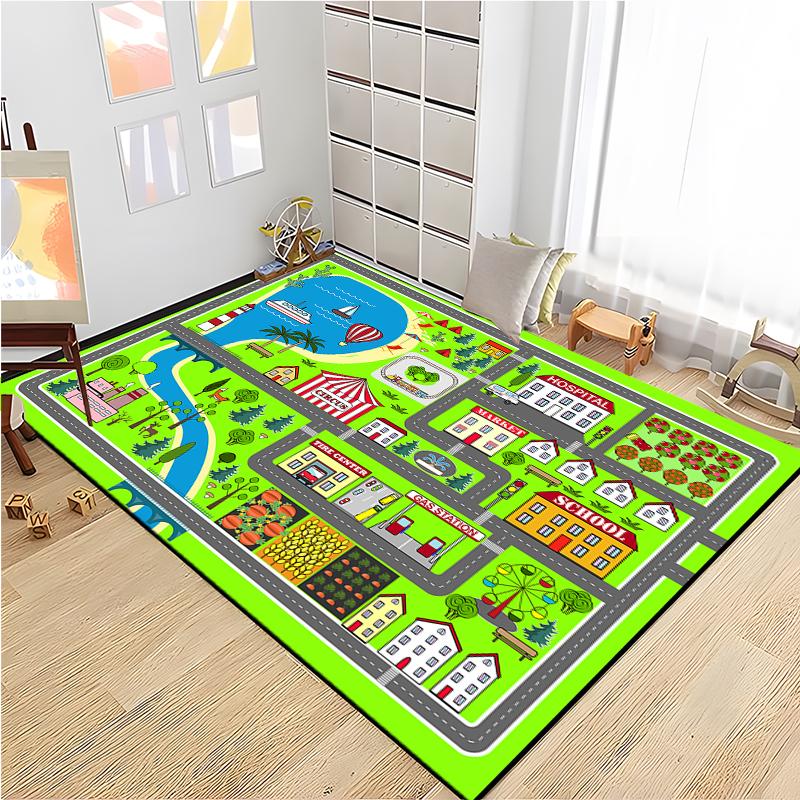 Kids Road Traffic Carpet Cartoon Car Toys Area Rug for Boys Girls City Life Educational Rugs Baby Room Bedroom Nursery Play Mat