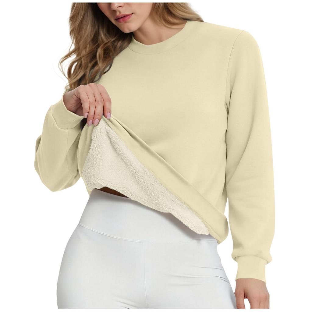 Women's Casual Fashion RoundNeck Pullover Top Winter Solid Color Plush Sweatshirt