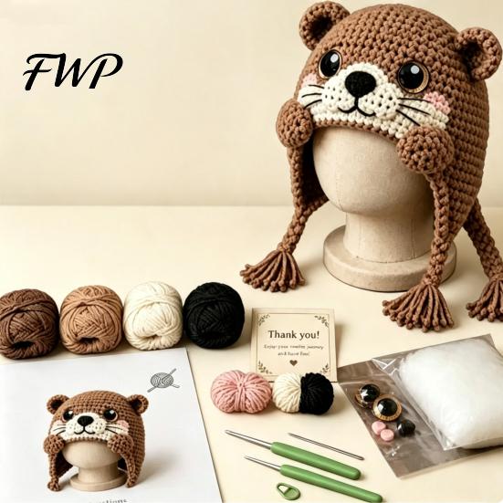 Gift for Craft Lovers Animal Hood Hat Crochet Kit, DIY Earflap Handmade Yarn Crafts Cute Crafting Project Adults Teens, Making Kit