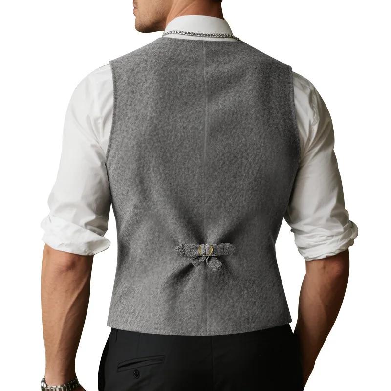 Jednorzędowa dekolt w serek Modna Slim Wełniana Wielokieszeniowa Kamizelka Styl Brytyjski Męska Casual Klips do Konia Jednolity Kolor