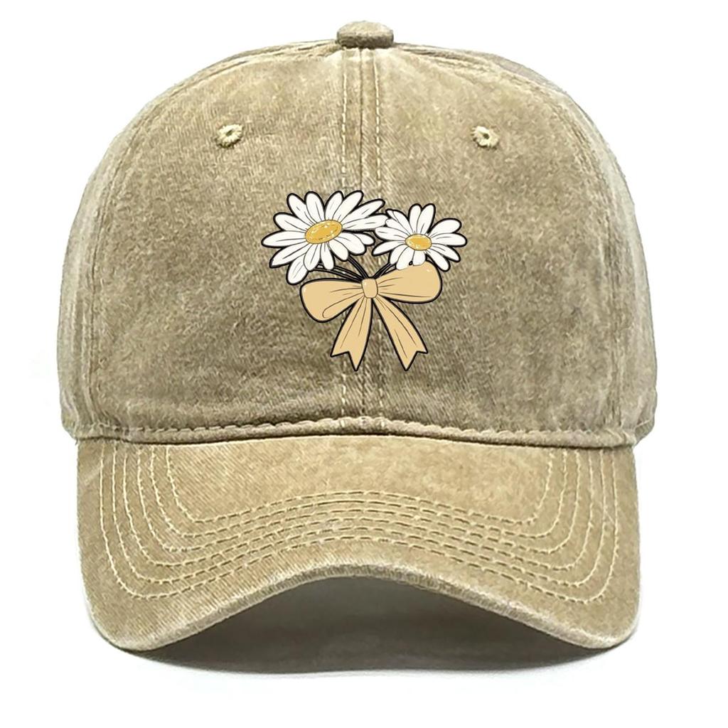 Daisy Bowknot Print Snapback Baseball Hat, Flower Trucker Hat Sun Protective Solid Vintage Casual Adjustable Baseball Cap