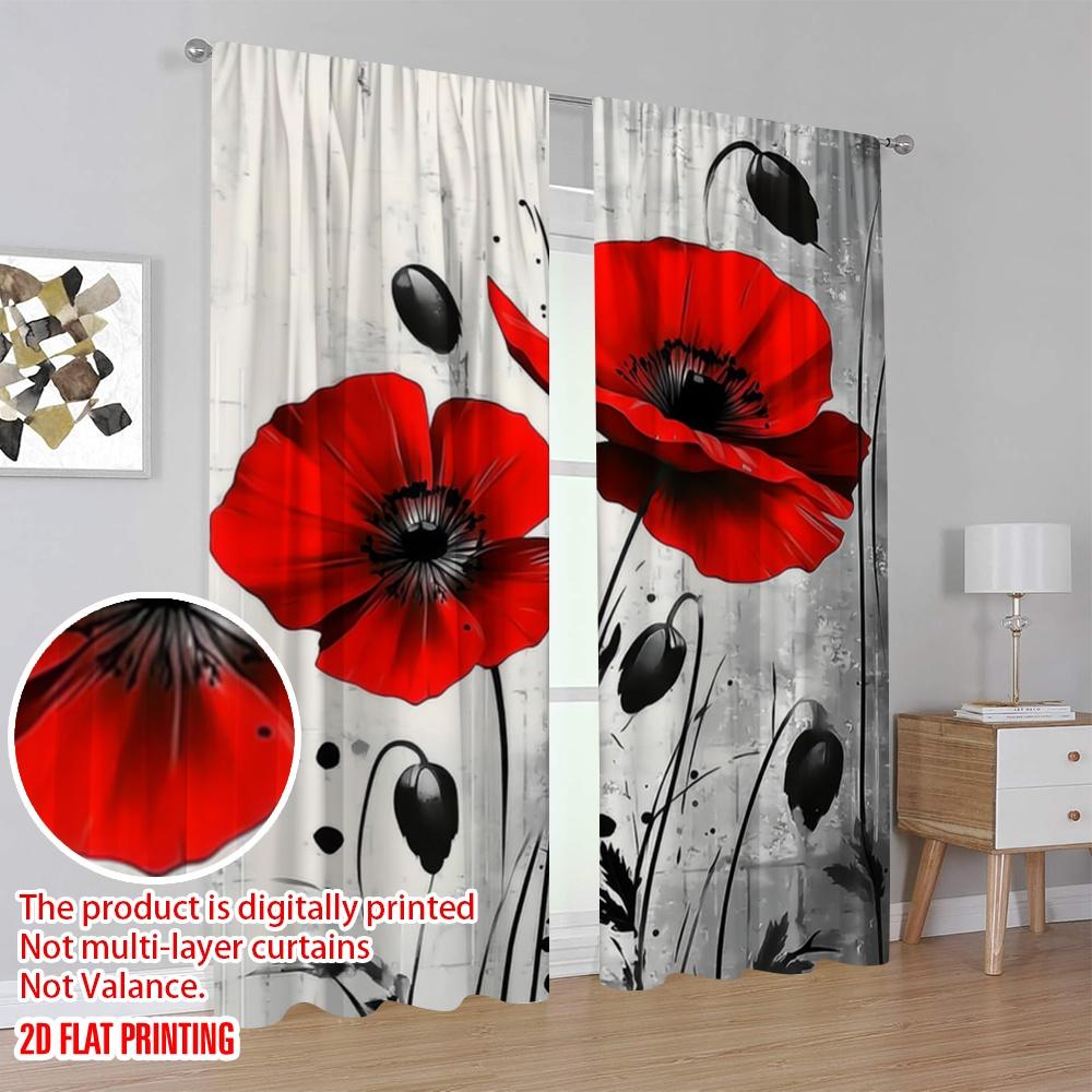 2Pcs,2D Plane Printing Curtain Popular Red Poppy Duo Versatile Fabric (Without Rod) Home Decor Ldeal For Season Home Decor For