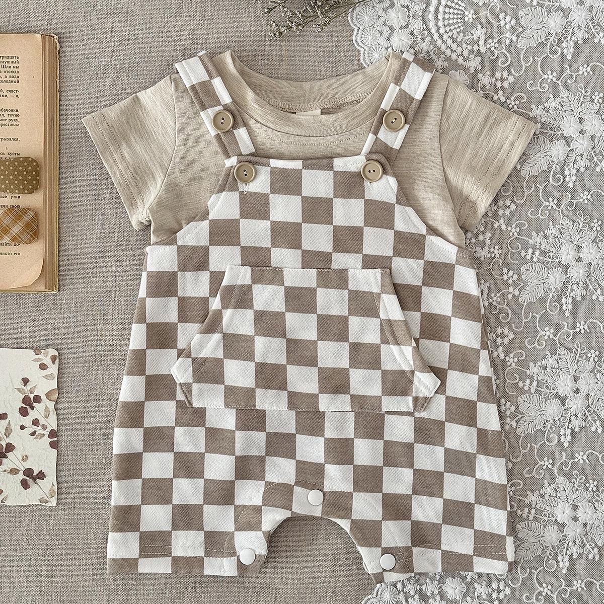 Korean Style Plaid Baby Overalls - Unisex Short Sleeve Summer Bodysuit 80cm