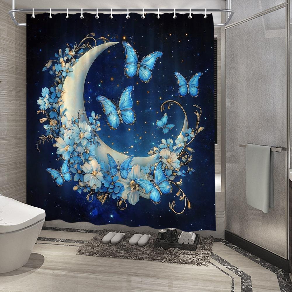 1pc Enchanted Forest Shower Curtain - Crescent Moon with Golden Vines & Blue Butterflies Design, Whimsical Magical Polyester Bat