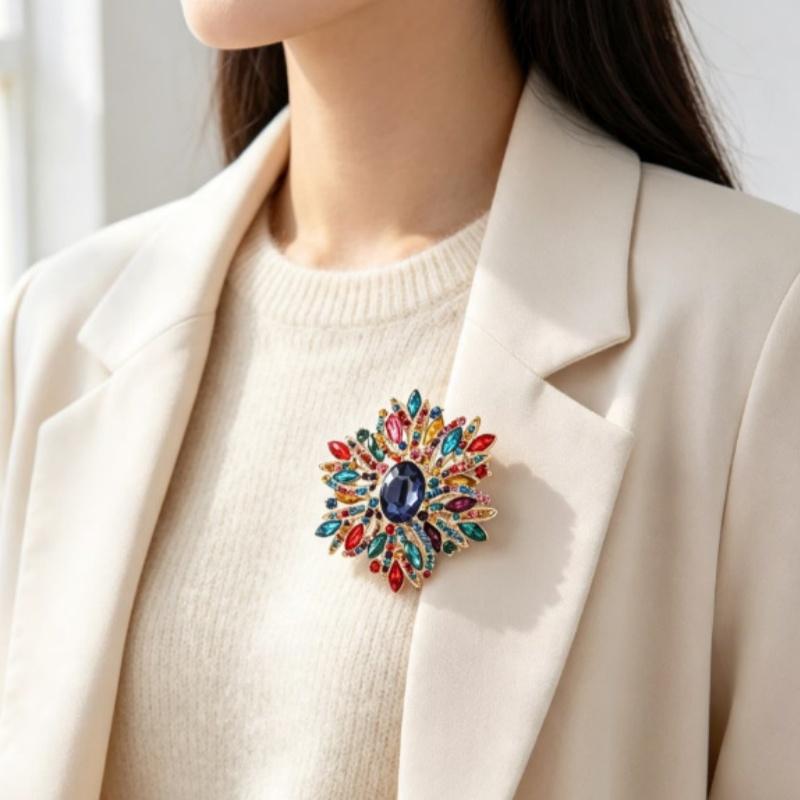 Multicolor Rhinestone Flower Brooch Shiny Crystals Gold Plated Frame For Wedding Party Formal Outfit Accessories