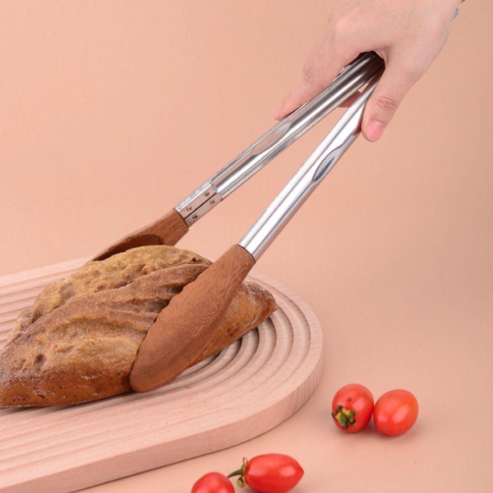 Wood Head Salad Bread Dessert Tong Non-slip Food Clamp Durable BBQ Grilling Tong Cooking