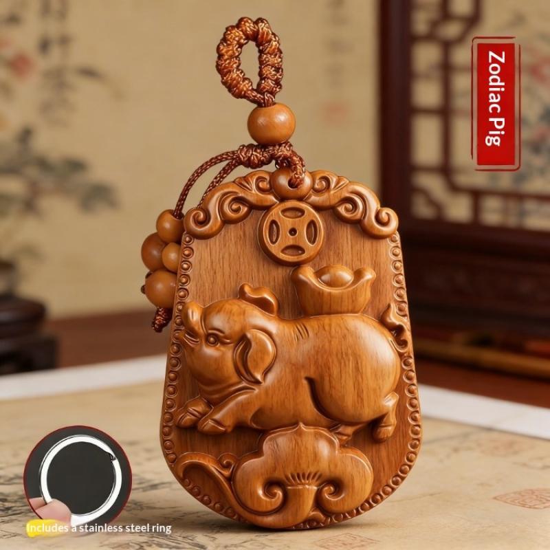 Natural Peach Wood Chinese Zodiac Keychain Hand Carved Lucky Blessing For Daily Use Gift For Friends Family