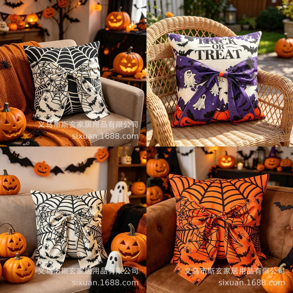 Halloween Pillow Cover With Ghost And Spider Web Design For Living Room Decor
