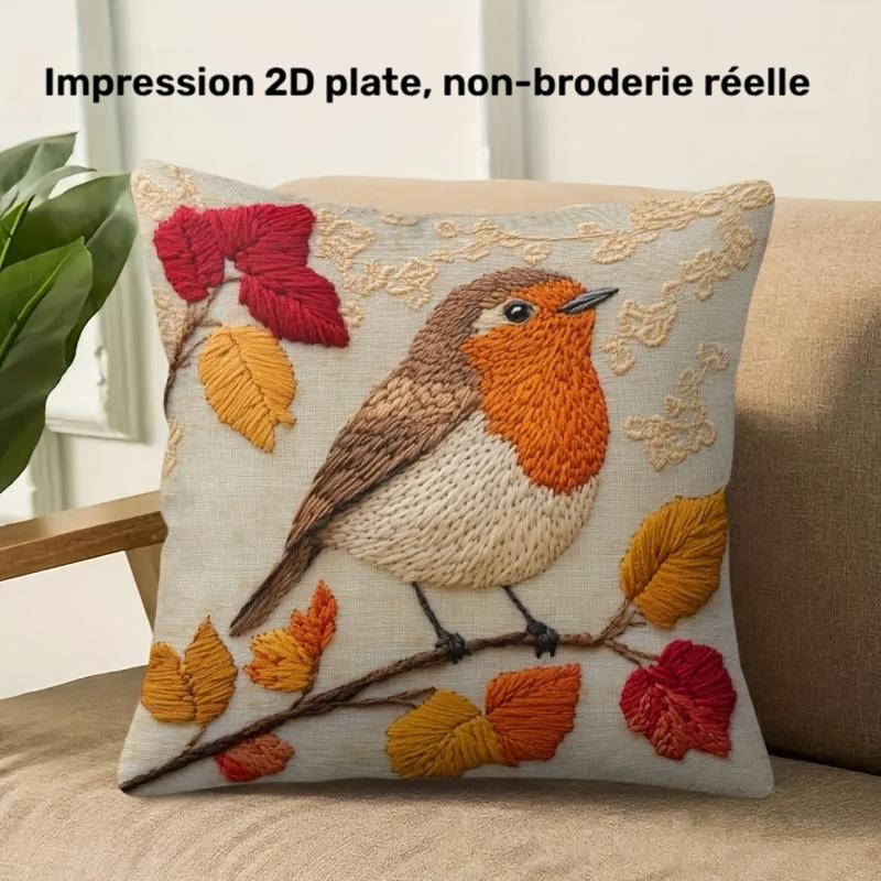 Federa Cuscino 2D Piatto - # Pettirosso Autunnale Custodia Quadrata Cuscino Foglia Autunnale Rustica Per Divano Letto Camera da Letto Decorazioni per la Casa